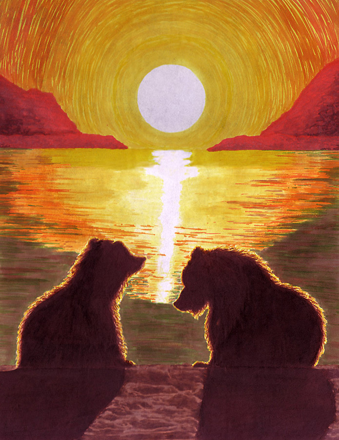 "Intimate Sunset: 2 Grizzlies" Marker drawing on vellum