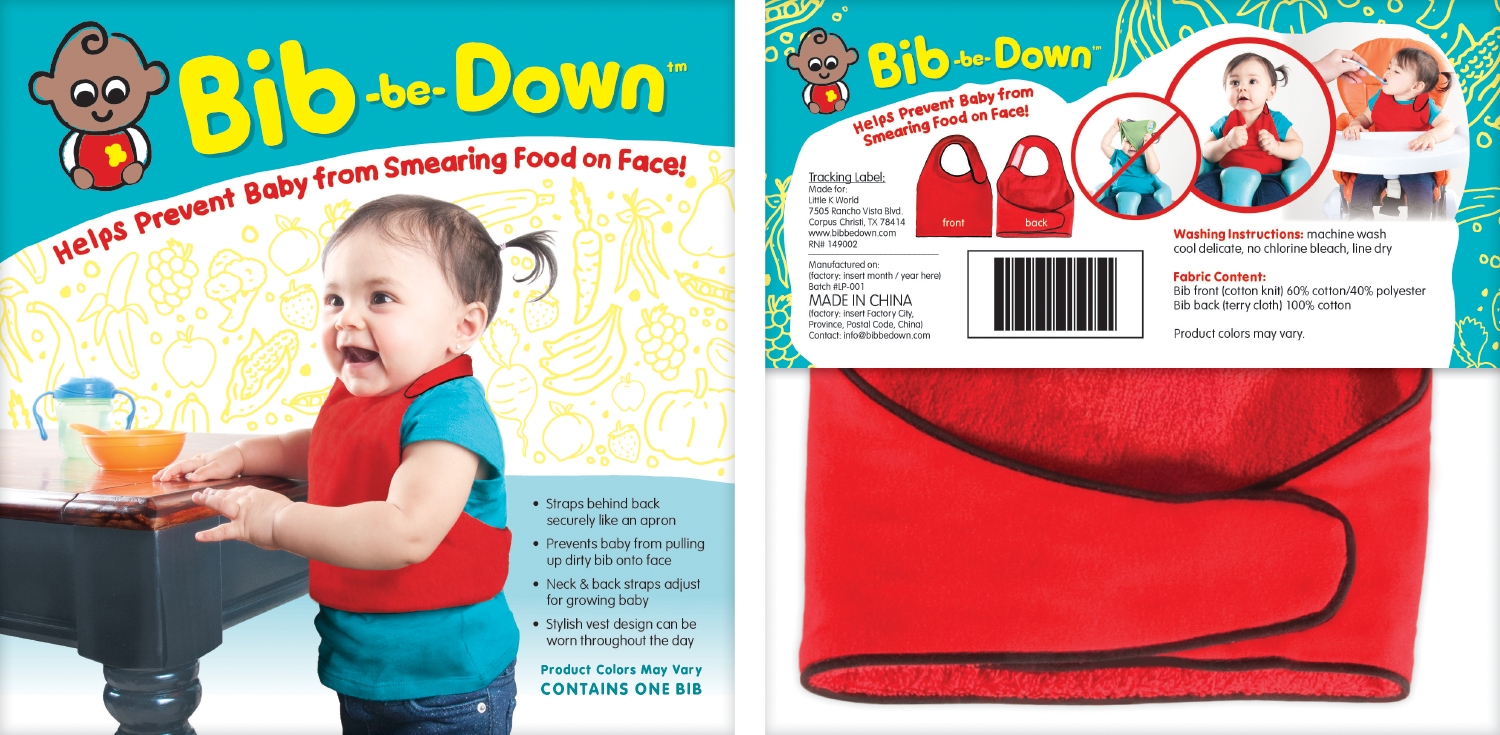 packaging design for inventors - logo design for inventors - Bib -be- Down photo shoot and packaging design Vest style bib, polybag packaging with cardstock insert