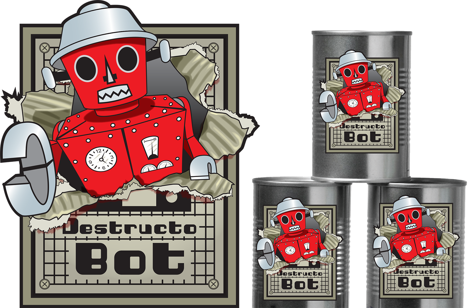 Twin Cities packaging design and illustration - Destructo Bot Vintage tin robot toy package redesign, tin can packaging with paper label