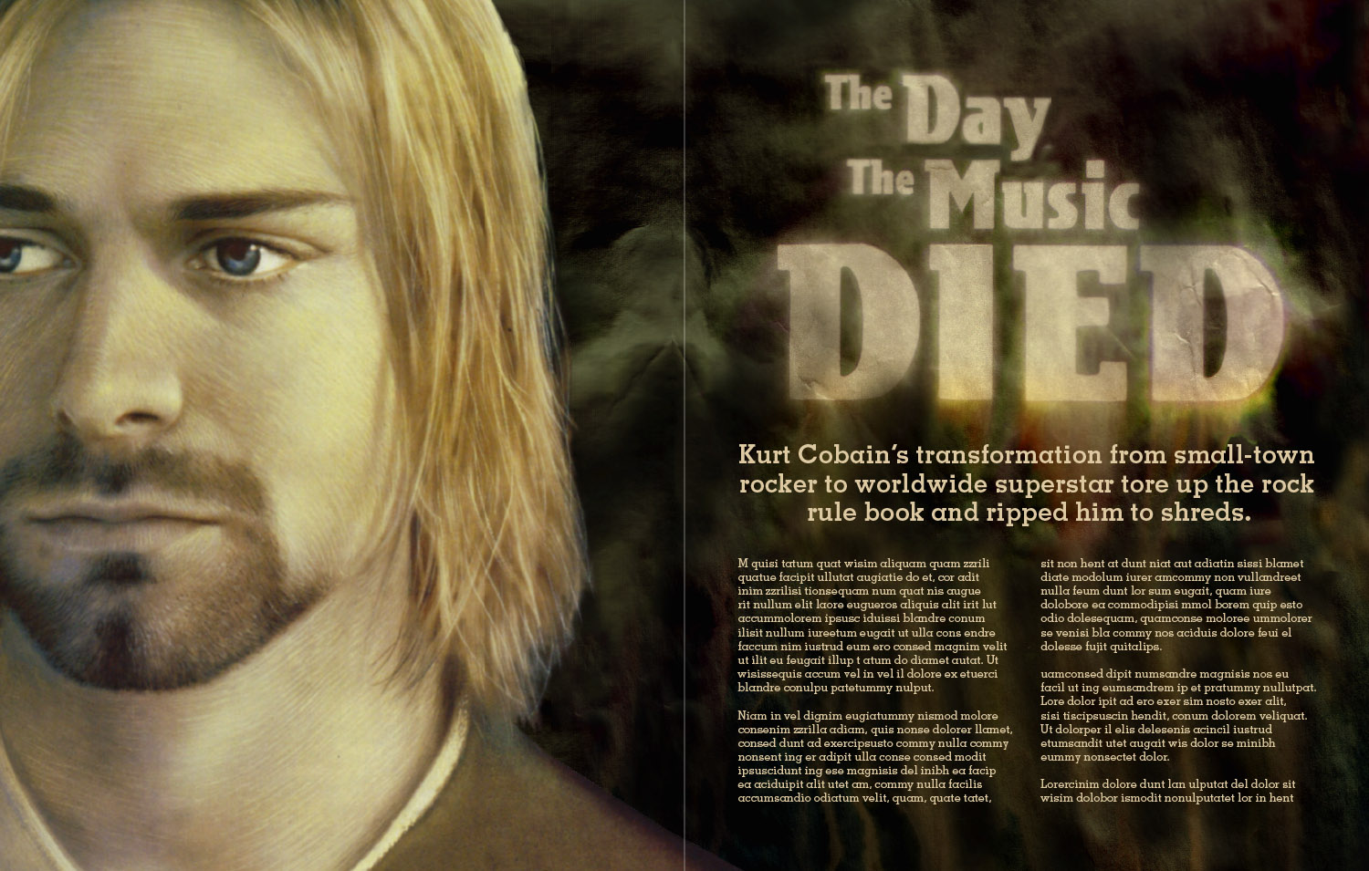 Editorial design sample - 2 page spread for Kurt Cobain article