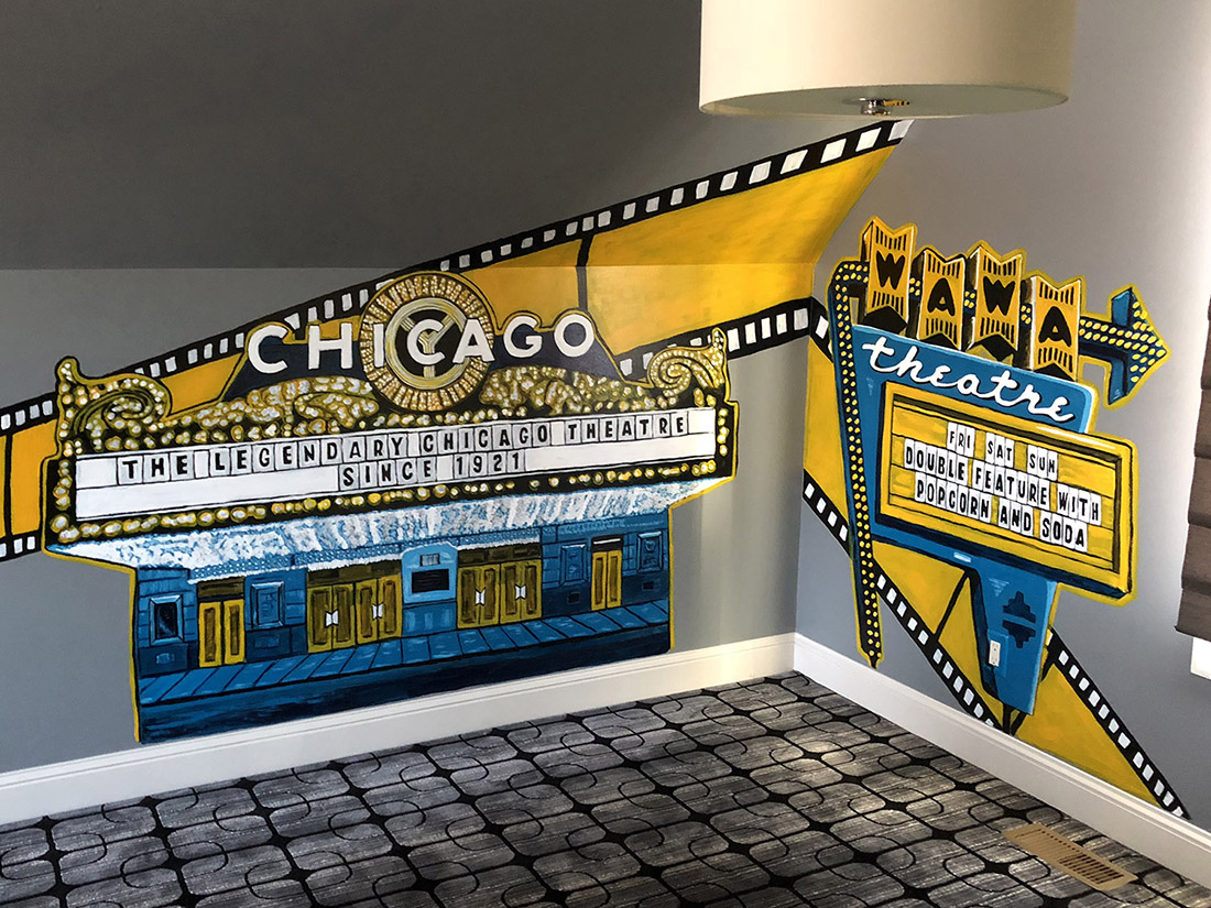 "Movie Mural" Twin Cities acrylic wall painting collaboration with Jena Wallace - Chicago Theatre and Wawa Theatre