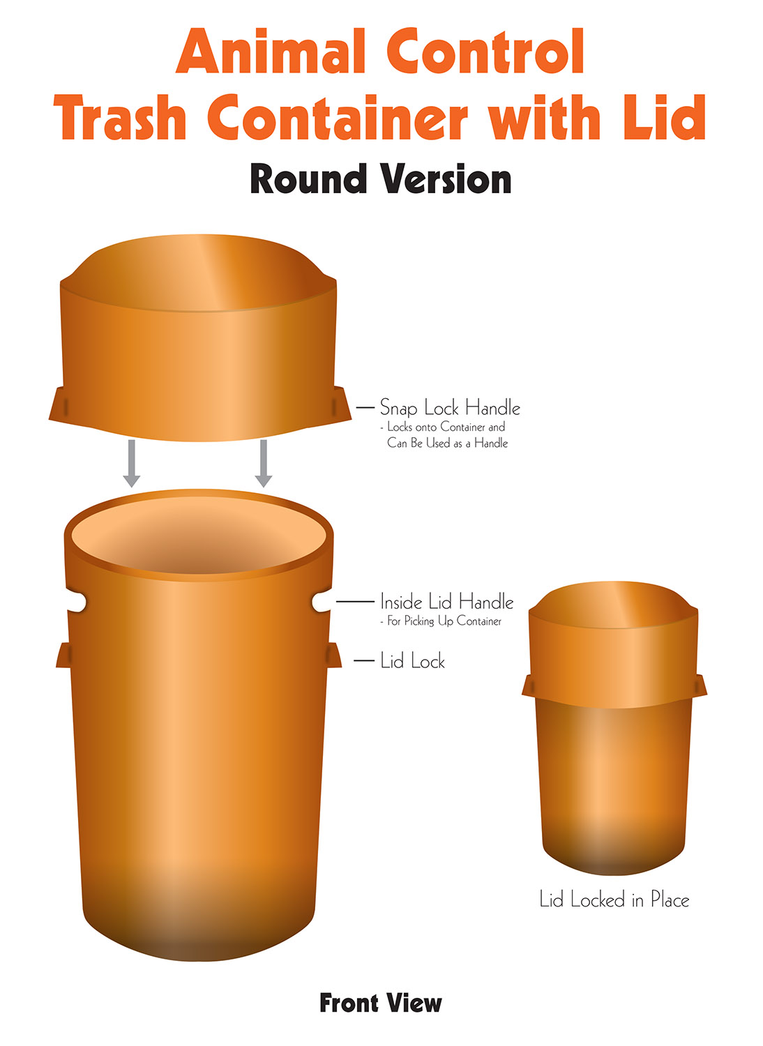 product illustration for inventors - animal control trash container with lid, round version