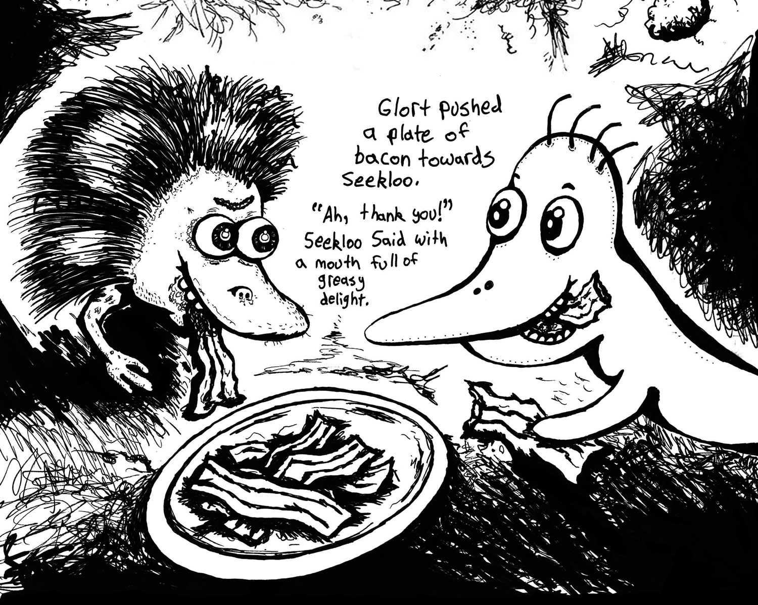 Twin Cities childrens book illustrator Josh Wallace, "Zgweebleville" Story by Josh Wallace and Jena Wallace, illustrations by Josh Wallace, ink on paper - Glort and Seekloo enjoy bacon