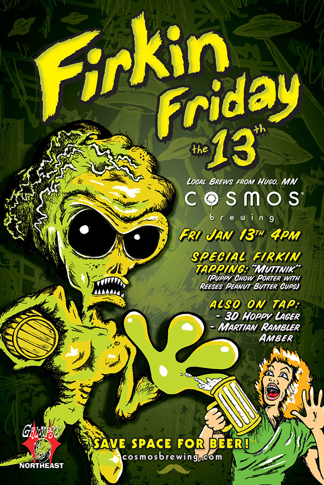 twin cities poster design cosmos firkin friday with alien illustration