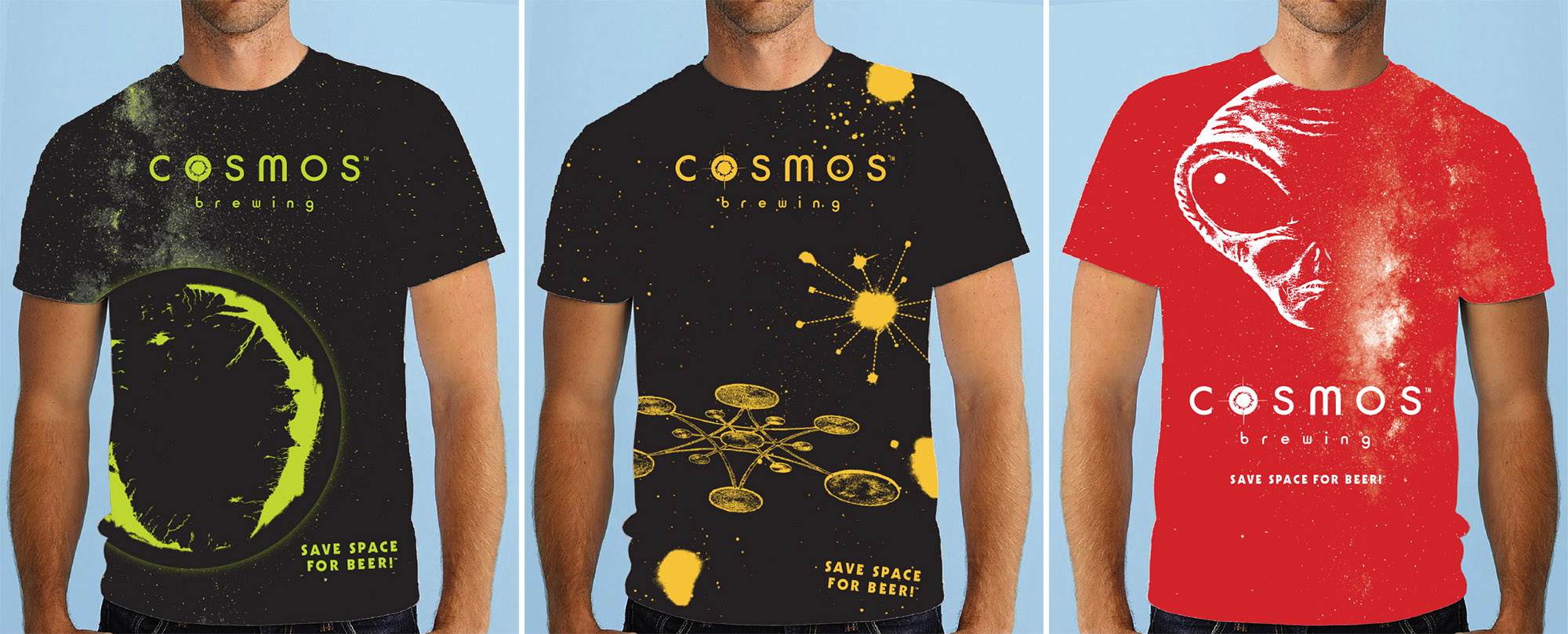 twin cities t-shirt design for cosmos brewing - planet, crop formation, alien