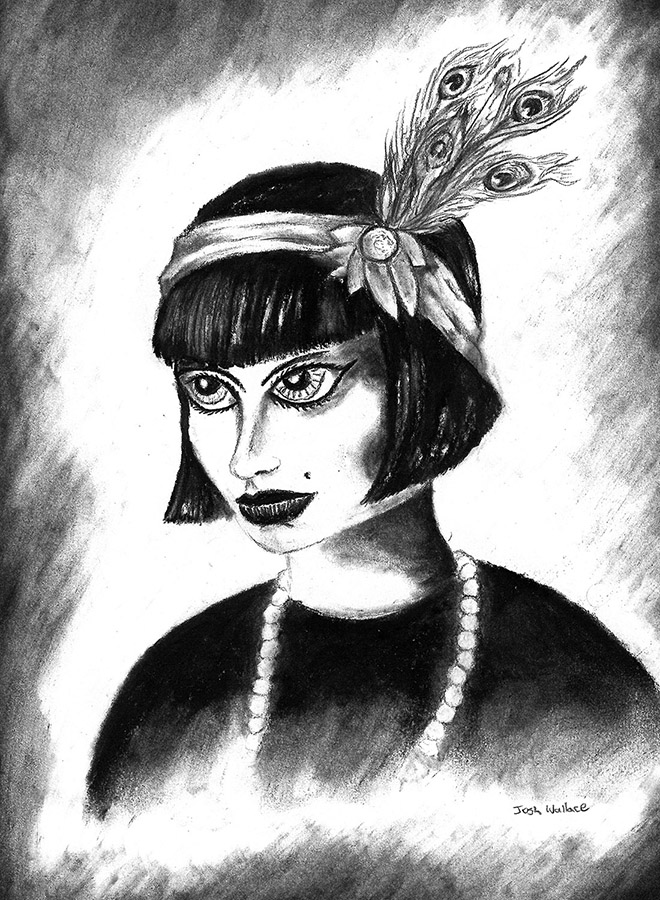 "Flapper" charcoal on paper drawing by Josh Wallace