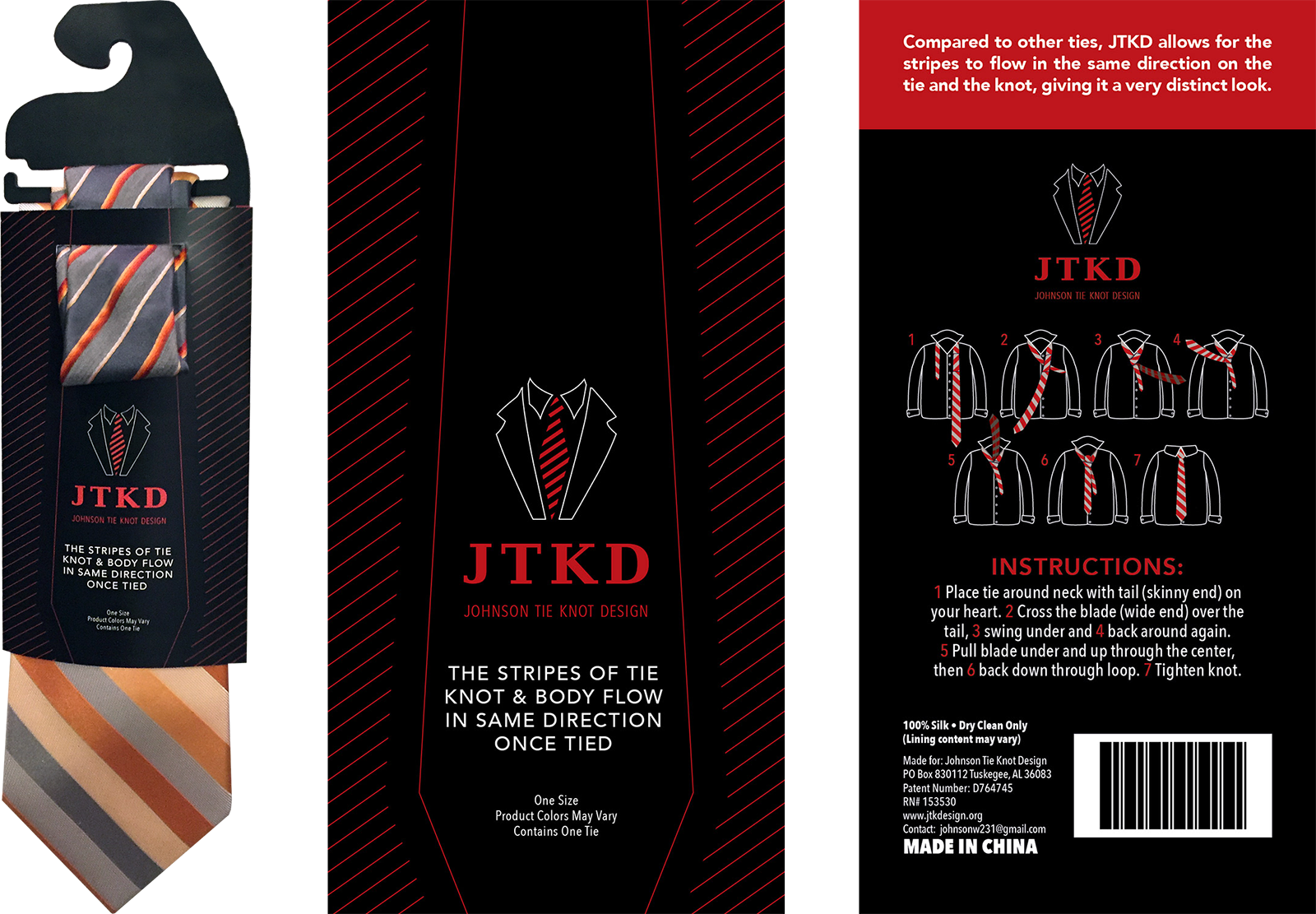 packaging design for inventors - logo design for inventors - JTKD Johnson Tie Knot Design Innovative tie design, cardstock packaging with plastic hanger, instruction design
