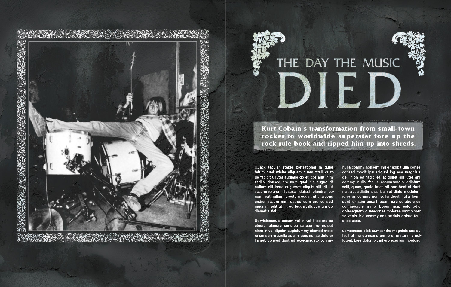 Editorial design sample - 2 page spread for Kurt Cobain article