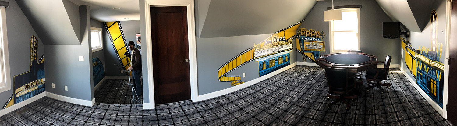 "Movie Mural" Twin Cities acrylic wall painting collaboration with Jena Wallace - panorama
