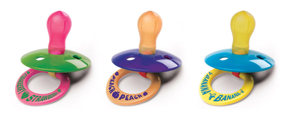 product illustration for inventors - flavored pacifiers: strawberry, peach, banana