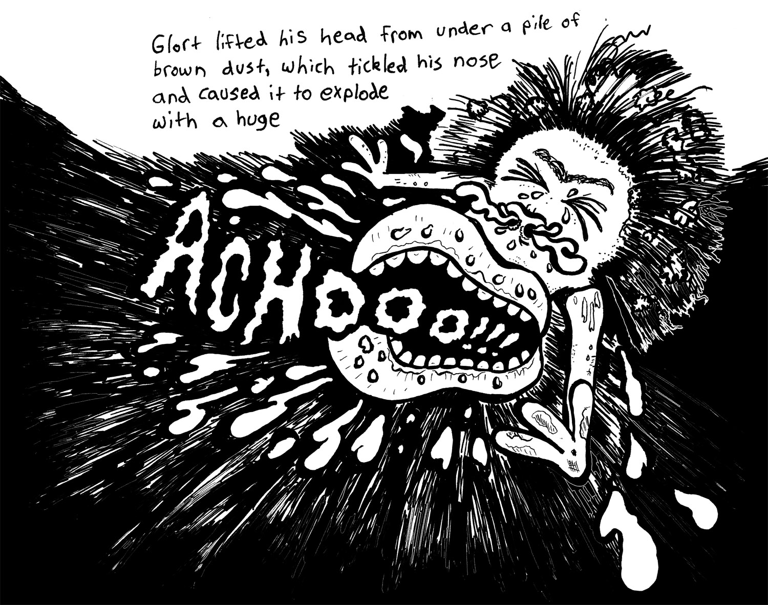Twin Cities childrens book illustrator Josh Wallace, "Zgweebleville" Story by Josh Wallace and Jena Wallace, illustrations by Josh Wallace, ink on paper - Glort sneezing